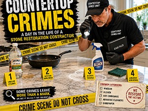 Infographic about countertop crimes with a contractor at a bench, crime-scene tape, and a four-step guide (1–4).